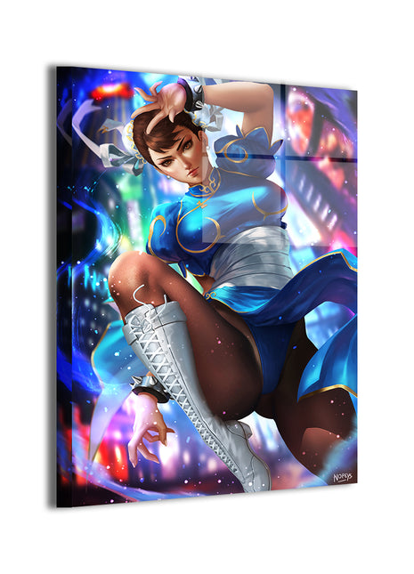 Metal wall art print of the First Lady of Fighting Games displaying a legendary female fighter aesthetic, vibrant finish artwork created by Nopeys