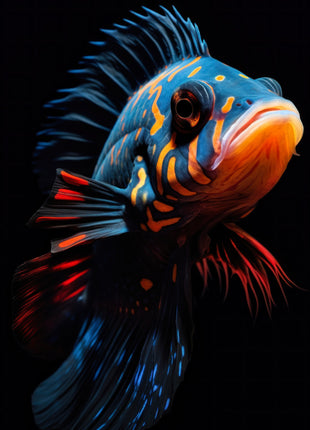 Blue fish with orange facial markings, a tangerine muzzle and spiky fins against black.