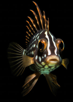 Front-facing dark fish with white markings and a tall crest of golden fin spines against black.