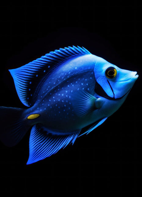 Bright blue fish in side view with a pointed face and finely patterned fins against black.