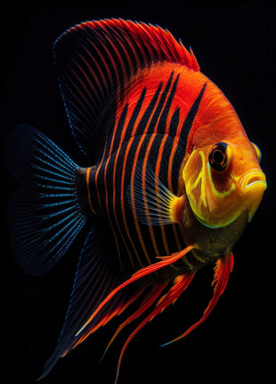 Orange fish with dark vertical stripes and long red-edged fins against black.