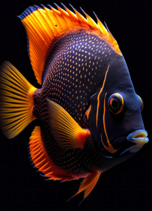 Dark spotted fish with orange-gold fins and golden facial lines against black.