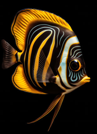Dark fish with curving golden stripes, yellow fins and trailing filaments against black.