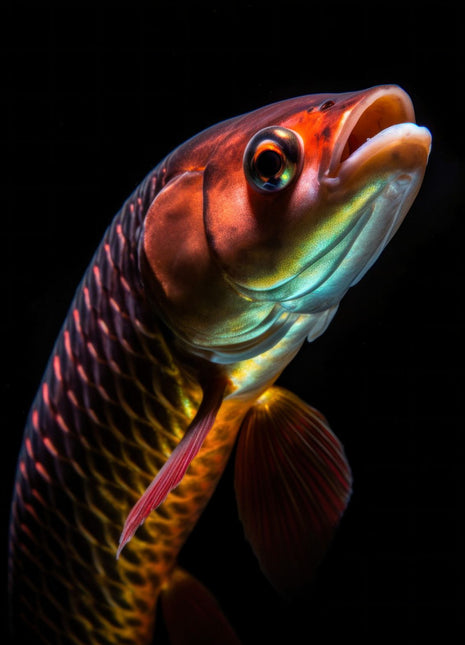 Long-bodied fish angled upward with iridescent red, green and gold scales against black.