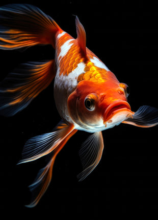 Orange-and-white fish with long flowing fins turning toward the viewer against black.