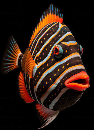 Dark fish with pale curved stripes, orange fins and an orange mouth against black.