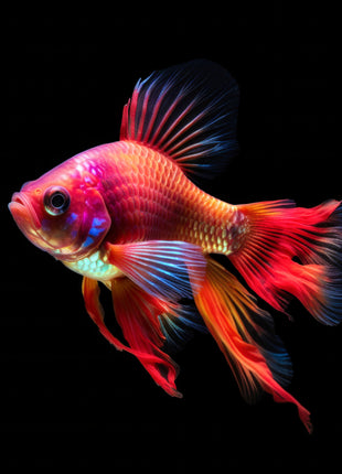 Rose-colored fish with scarlet flowing fins and blue highlights against black.