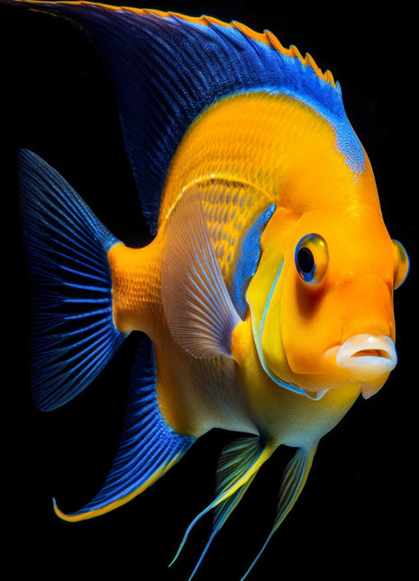 Yellow fish with tall blue fins and long trailing fin rays against black.
