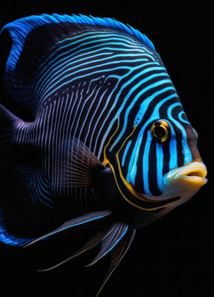 Dark blue fish with fine turquoise stripes and a golden eye against black.