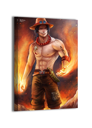 Flamebound Ace Canvas Print — Ace conjuring flames, warm orange glow; artwork by Nopeys; gallery-wrapped, ready to hang.