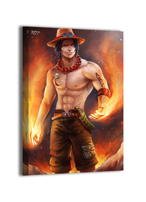 Flamebound Ace Canvas Print — Ace conjuring flames, warm orange glow; artwork by Nopeys; gallery-wrapped, ready to hang.