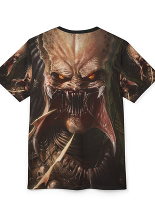 Flat back view of the Predator Prey all-over graphic T-shirt.