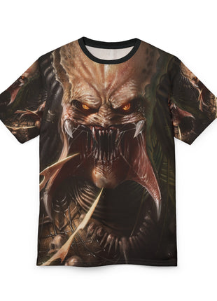 Flat front view of the Predator Prey all-over graphic T-shirt.