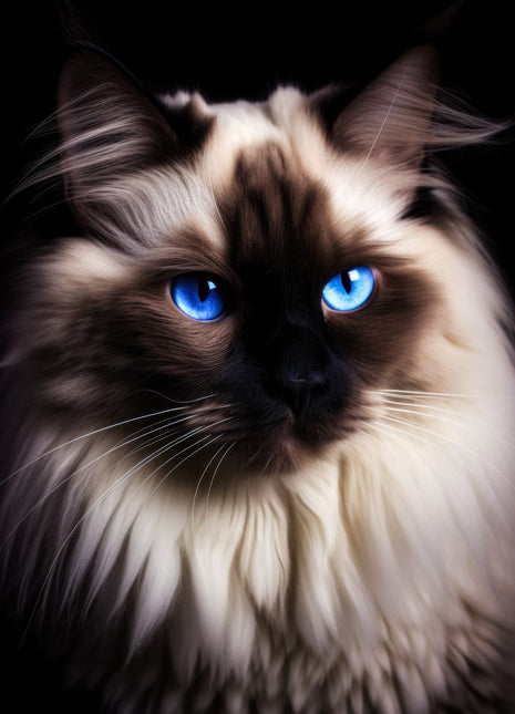 Fluffy cream-and-brown colorpoint cat with vivid blue eyes, dark face and full neck ruff.