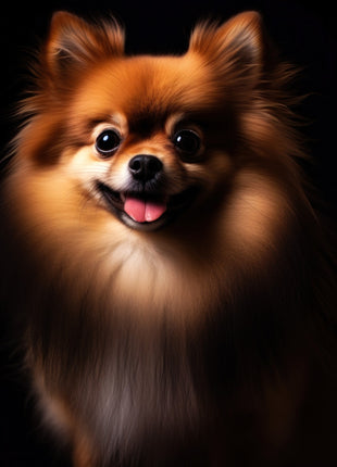 Small fluffy ginger dog with open mouth, pink tongue, dark eyes and a full golden ruff.