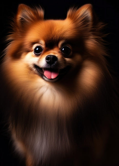 Small fluffy ginger dog with open mouth, pink tongue, dark eyes and a full golden ruff.