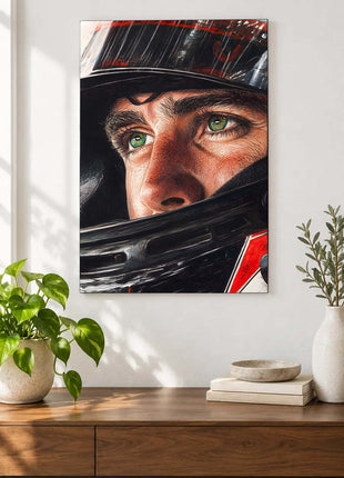 Close-up of a racing driver's green eyes inside a red, white and black helmet displayed above a console table in a room setting