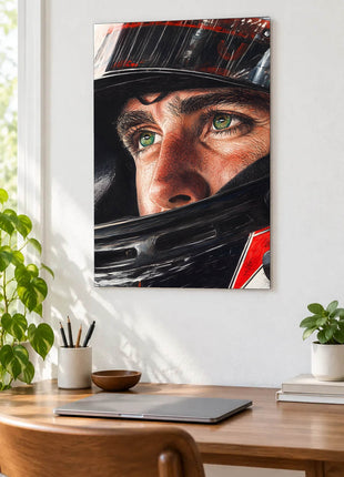 Close-up of a racing driver's green eyes inside a red, white and black helmet displayed above a desk in a room setting
