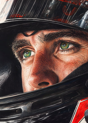Close-up of a racing driver's green eyes inside a red, white and black helmet