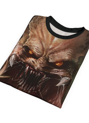Folded Predator Prey T-shirt with a close view of the hunter's face.