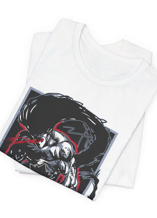 Folded white Gon Freecss Rage T-shirt with a close view of the artwork.