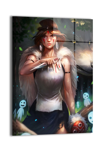 Forest Wolf Guardian Metal Print – bold anime-style huntress with wolf companion by Nopeys