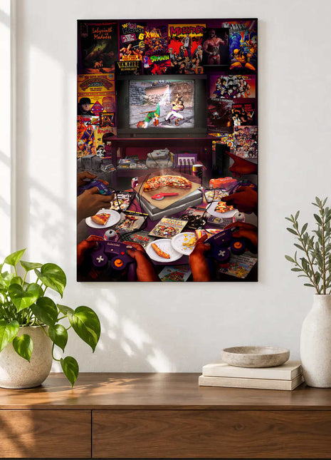 Four GameCube controllers around pizza and a television showing Link and Maxi displayed above a console table in a room setting