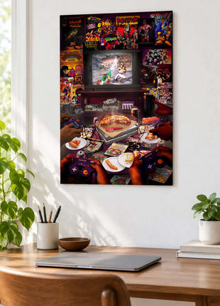 Four GameCube controllers around pizza and a television showing Link and Maxi displayed above a desk in a room setting