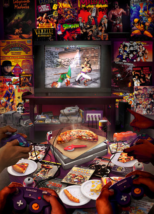 Four GameCube controllers around pizza and a television showing Link and Maxi