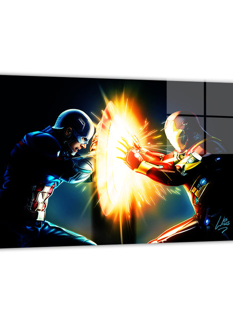 Fractured Alliance Duel Captain America & Iron Man wall art — Marvel vertical print by Richard Williams, image 1.