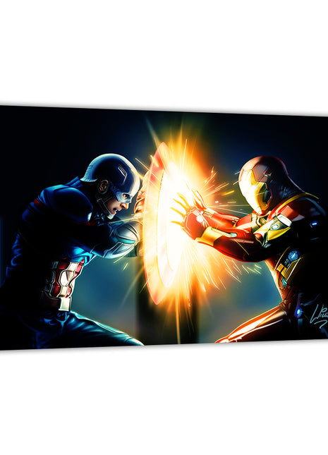 Fractured Alliance Duel Captain America & Iron Man wall art — Marvel vertical print by Richard Williams, image 2.