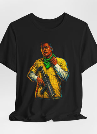 Draped front view of the black Franklin Clinton Street Portrait Graphic T-Shirt.