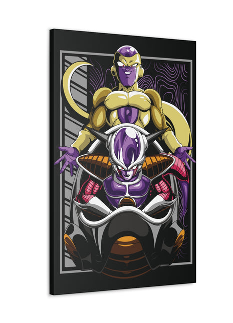 "Dual Power – Golden Freeza & Freeza in Throne Wall Art on canvas, acrylic, and metal – featuring both Freeza’s golden transformation and his classic form in his chair."
