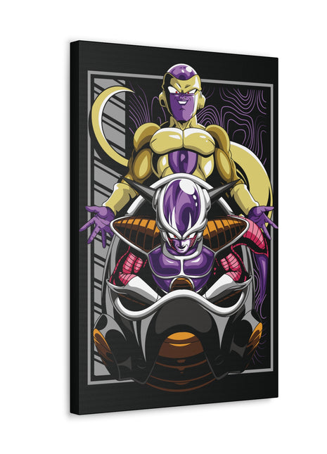 "Dual Power – Golden Freeza & Freeza in Throne Wall Art on canvas, acrylic, and metal – featuring both Freeza’s golden transformation and his classic form in his chair."
