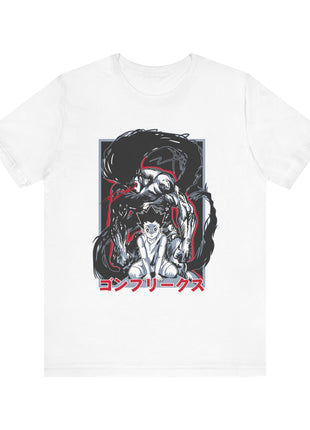 Front detail of a white Gon Freecss Rage T-shirt with layered figures and red accents.