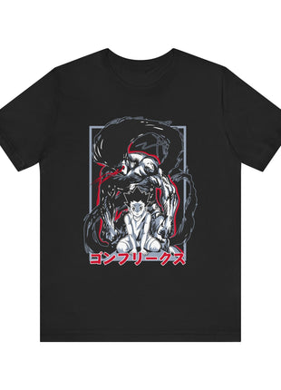 Front of a black Gon Freecss Rage T-shirt with a black, white and red Hunter x Hunter design.