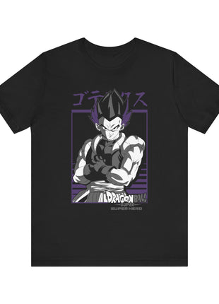 Front of a black Gotenks T-shirt with a monochrome portrait and purple frame.