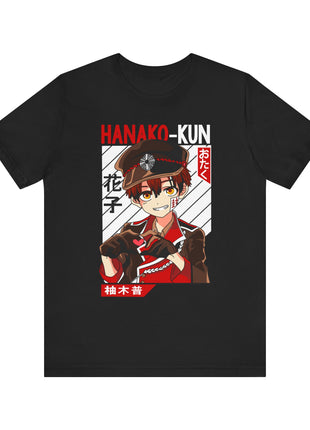 Front of a black Hanako-kun T-shirt with a red and brown portrait over a pale geometric background.
