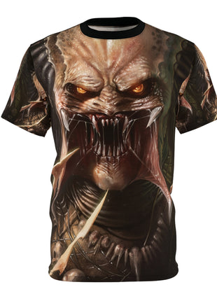 Front of the Predator Prey all-over T-shirt with amber-eyed hunter artwork.
