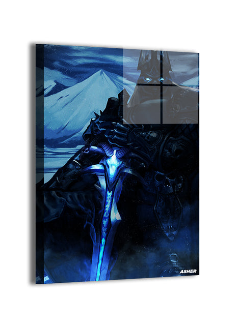 lich king portrait with rune-lit sword by Ben Asher; modern metallic sheen.