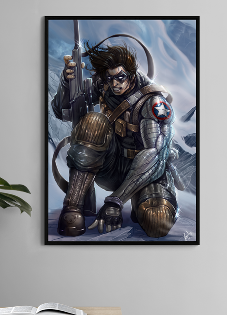 Winter Soldier kneels with rifle in snowy battlefield in this 11x17 Marvel print by Ceasar.