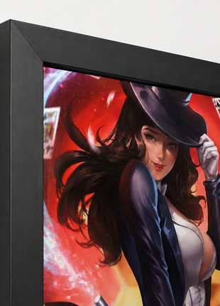 Close-up of black full frame finish, corner joint, and depth for Canvas and Metal wall art