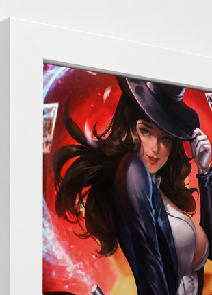 Close-up of white full frame finish, corner joint, and depth for Canvas and Metal wall art