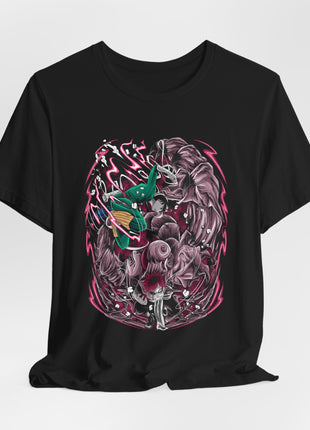 Draped front view of the black Gaara and Rock Lee Pink Energy Battle Graphic T-Shirt.