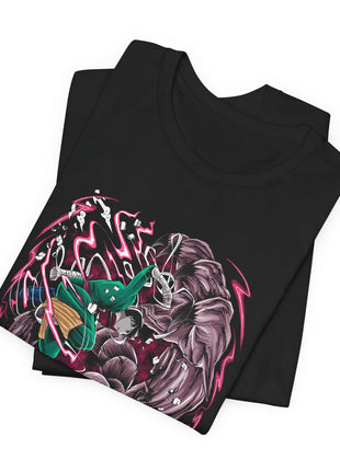 Folded black Gaara and Rock Lee Pink Energy Battle Graphic T-Shirt showing a close view of the printed character artwork.