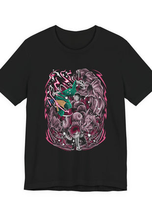 Front of a black T-shirt featuring Rock Lee in green above Gaara and his gourd amid pink energy lines and swirling textured shapes.