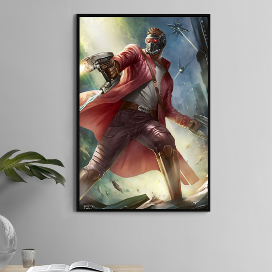 Galactic Rogue Commander 11x17 print featuring masked space outlaw with blaster, red coat, and sci-fi action scene.