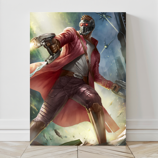 Oversized 24x36 metal print of Star-Lord in futuristic city scene.