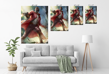 Galactic Rogue Commander Size Chart print featuring masked space outlaw with blaster, red coat, and sci-fi action scene.