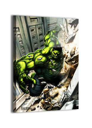 Avengers Hulk battle art by Ryan Pasibe (colors Brian Valeza) on sleek metal finish.